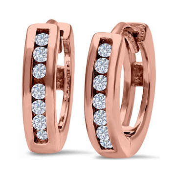 Half Eternity Hoop Earrings Round Rose Tone, Simulated CZ 925 Sterling Silver (11mm)